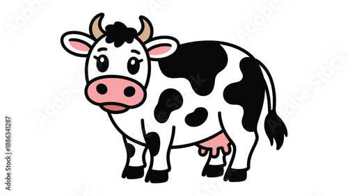 Cartoon Cow: A charming cartoon cow with a friendly expression. Its black spots on a white body, pink snout, and gentle eyes are inviting.