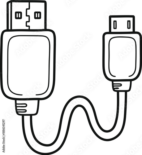 A line drawing of a usb cable with two connectors on a white background for connecting devices