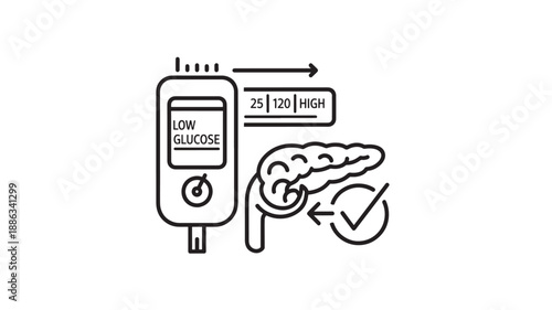 Glucose monitor showing low glucose levels with pancreas and checkmark illustration high quality professional detailed modern