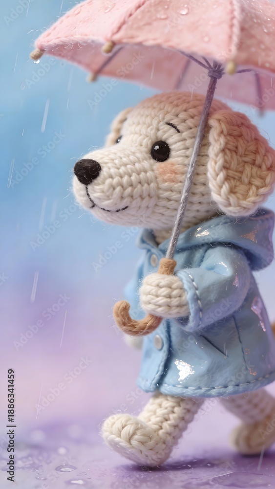Obraz premium 雨の日に小さな傘を持って歩くニット犬