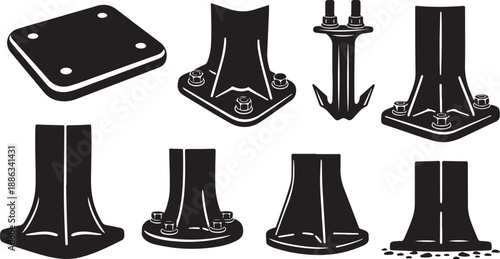 Collection of various metal stanchion bases and anchors shown