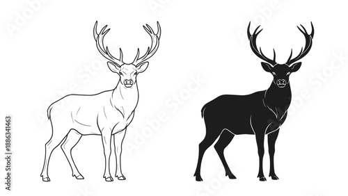 Two majestic stags with large antlers are shown, one in a detailed line drawing and the other as a solid black silhouette.