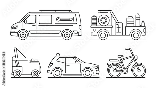 Vehicular Line-Up: An array of stylized vehicles, each captured in sharp, minimalist line art, showcases the diversity of transport, ready to convey you across the cityscape and beyond.