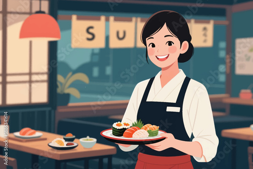 Illustration Of A Waiter With His Hair Tied And Wearing An Apron Carrying A Plate Full Of Shusi Vector Design Template