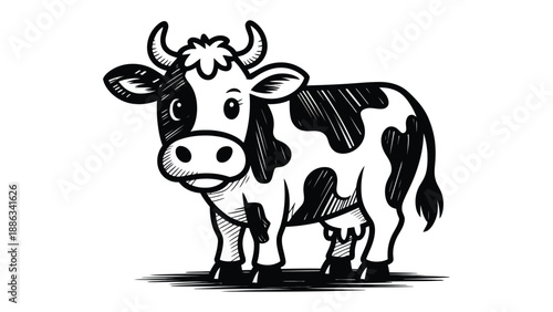 Smiling Cow: charming monochrome cow with black and white spots and a serene smile, perfect for projects needing a touch of rustic appeal.