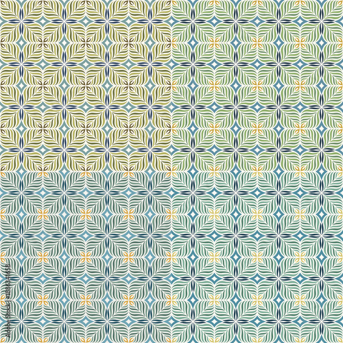 Set of four seamless geometric floral vector patterns featuring organic symmetry and decorative shapes in blue, green, olive, teal, and mustard tones. Ideal for textiles, wallpapers, surface design.