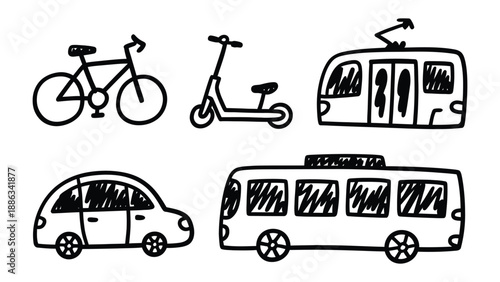 Diverse Transportation Doodle: A playful sketch of varied transportation options, showcasing a bike, scooter, tram, car, and bus, each with unique character. 