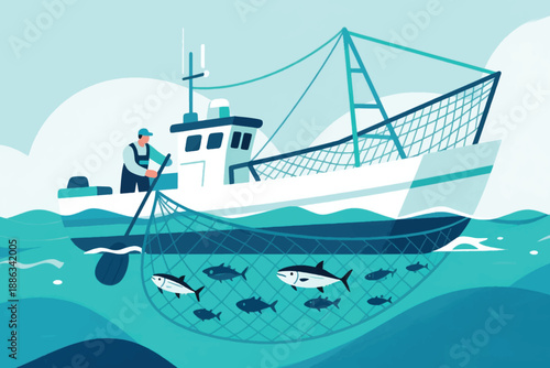 Illustration Of A Fisherman Catching Fish From A Boat Vector Design Template