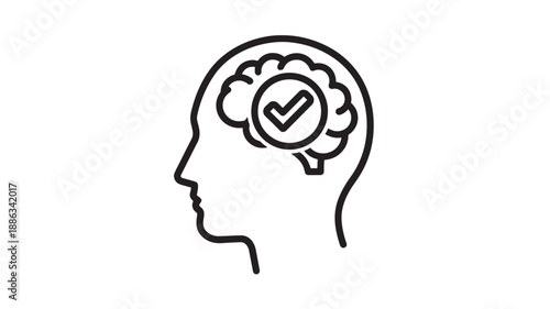 a black and white drawing of a head with a checkmark in the brain high quality