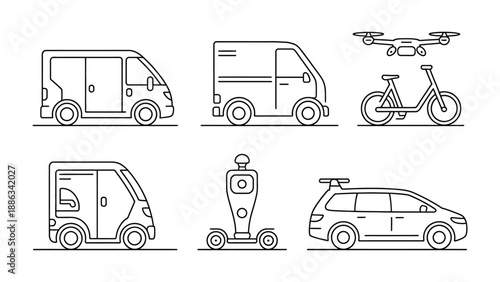 Transportation Icons: A collection of sleek, minimalist line art icons representing various modes of transportation, from vans and cars to drones and bikes.