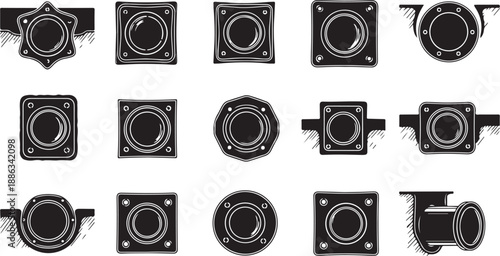 Collection of various camera lens icons in black and white