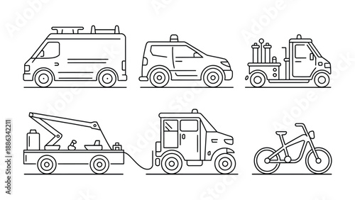 Vehicular Lineup: A curated assembly of six unique vehicles, rendered in a crisp, minimalist line art style, showcasing diversity in design and utility.