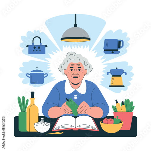 Elderly Woman Cooking with Kitchen Utensils and Appliances.