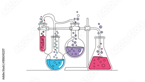 Elaborate continuous line drawing of various glass flasks and test tubes connected by tubes and filled with bubbles.