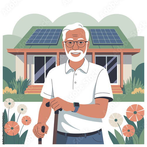 Elderly man standing in front of a house with solar panels on the roof.