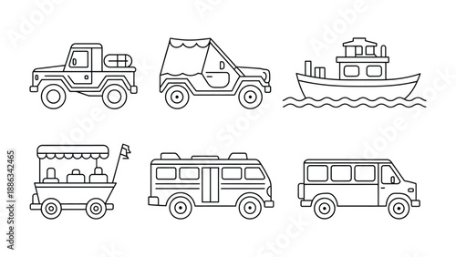 Assortment of Vehicle Outlines: A collection of meticulously drawn vehicle outlines, offering a range of transportation options from a rugged pickup to a charming vendor cart.