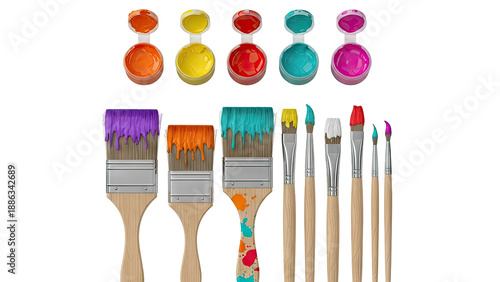 Artistic Paint Brushes and Pots of Vibrant Paint