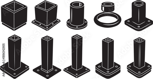 Black and white illustration of various metal post bases