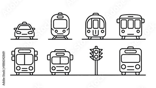 Urban Transit Icons: An array of sleek, minimalist illustrations showcases a variety of urban transportation options, each representing a distinct mode of city travel.