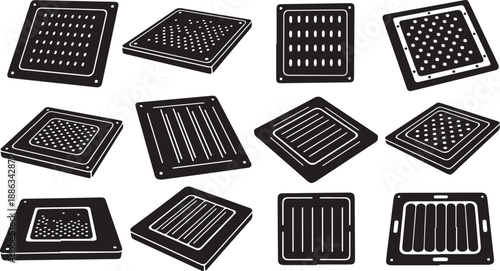 Various Black Metal Grate Covers and Drainage Panels Collection