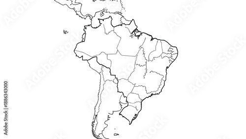 Detailed map of South America features the outlines of all countries and borders in a clean black and white vector drawing for reference.