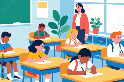 Illustration Of A Female Teacher Supervising A Student Who Is Taking An Exam Vector Design Template