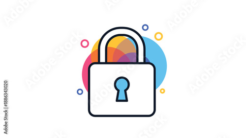 Modern security lock icon is centered over colorful overlapping circles to represent digital safety, data protection, and privacy.