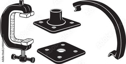 Black and white illustration of metal clamp parts assembly