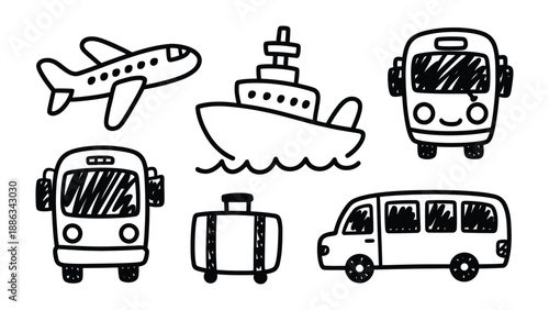 Transportation doodles: Hand-drawn illustrations depict the essence of travel and transportation, featuring key modes such as airplanes, ships, buses, and cars.