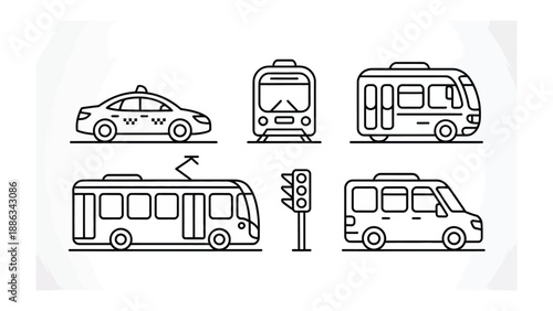 Transportation Icons: A collection of various transportation modes are shown in simple line art, evoking the everyday movement of urban life.