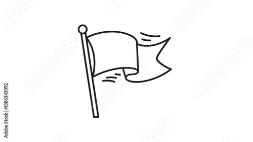 Simple black and white line drawing of a flag waving on a pole captures a sense of movement and pride against a plain white background.
