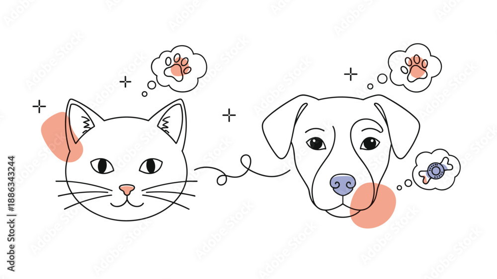 Fototapeta premium Line art silhouettes of a cat and a dog are connected by a whimsical line with thought bubbles containing paw prints and pet treats.