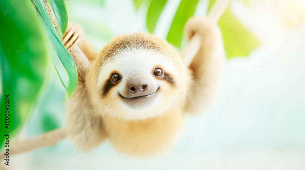 Fototapeta premium Sloth baby, a wild animal, hanging upside down, slowly moving through a tropical forest habitat, with a happy expression
