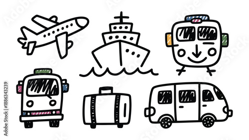 Transportation Doodle: A whimsical doodle showcasing various modes of transportation, from airplanes to buses, hinting at the joy of travel and exploration.