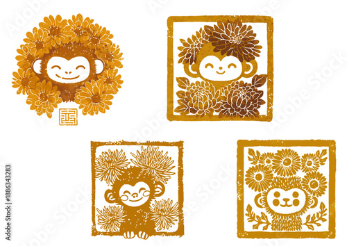 Set of traditional Asian gold woodcut stamp style vector illustrations of cute smiling monkeys with chrysanthemum flowers (Year of the Monkey zodiac concept) (국화꽃과 함께 있는 귀여운 웃는 원숭이의 전통 아시아 금색 목판화 도장 스