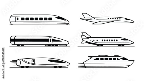 Vehicles' Silhouette: A monochromatic composition showcases various modes of transport, each meticulously rendered in silhouette, offering a glimpse into the world of movement and transit.