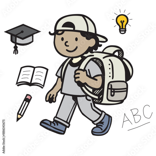 Happy Student Walking with Backpack and Education Icons Illustration