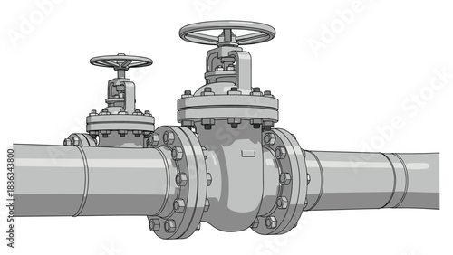 Large industrial metal pipes and valves are depicted in a detailed grayscale illustration representing plumbing and manufacturing systems.