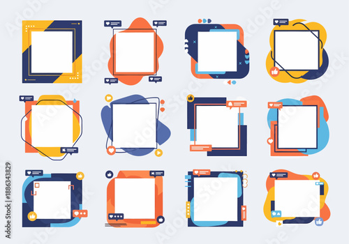 Set of social media post templates with playful designs and interactive elements