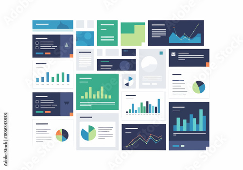Modern data visualization elements and analytical charts, featuring diverse graph types, infographics, and reporting components for business intelligence dashboards