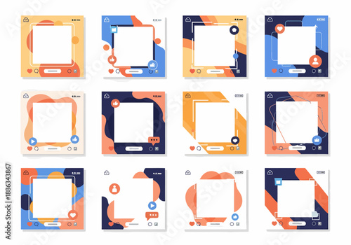 Social media post templates with colorful geometric designs and abstract shapes, perfect for digital marketing and content creation