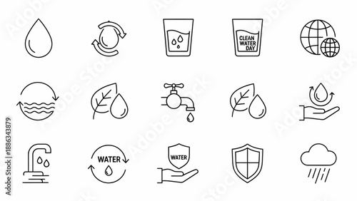Collection of icons representing water conservation, clean water, and water resources management