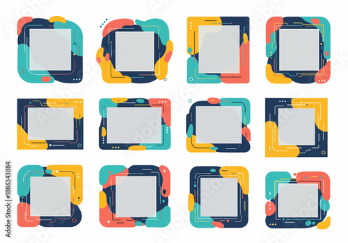 Set of twelve decorative square photo frames with rounded corners and abstract colorful fluid shapes, ideal for digital scrapbooking or social media collages