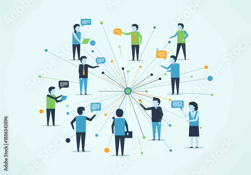 Dynamic illustration of a communication network connecting diverse individuals, fostering collaborative teamwork, information exchange, and modern social interaction