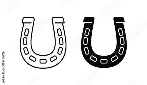 Two horseshoes one black and one outlined on for equestrian and equine concepts