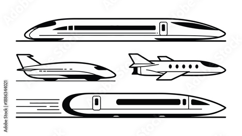 Velocity on Rails and Wings: A sleek depiction of modern transportation methods, showcasing high-speed trains and elegant aircraft, symbolizing progress and swift global connectivity.