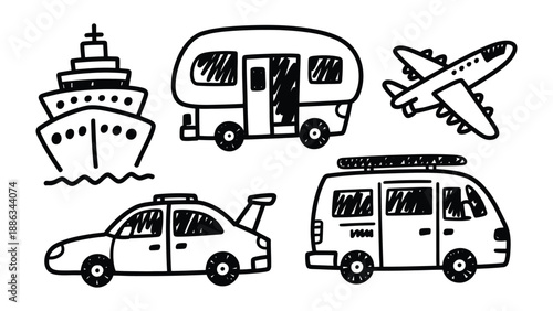 Transportation Sketch: A collection of various transportation modes, illustrated in a charming sketch style, evoking a sense of travel and exploration.