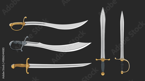 Collection of various swords including sabers and broadswords is shown with detailed hilts and blades against a dark gray background.