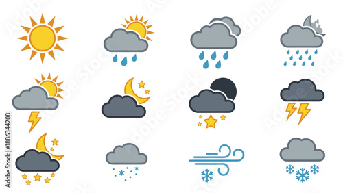 Comprehensive set of weather icons includes symbols for sun, rain, clouds, snow, wind, and lightning for use in meteorological reports.