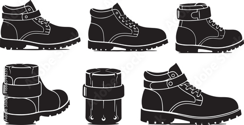 Collection of black boots with various styles and angles